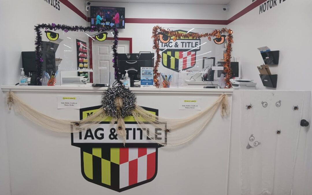 Maryland Express Tag & Title office Halloween decorations